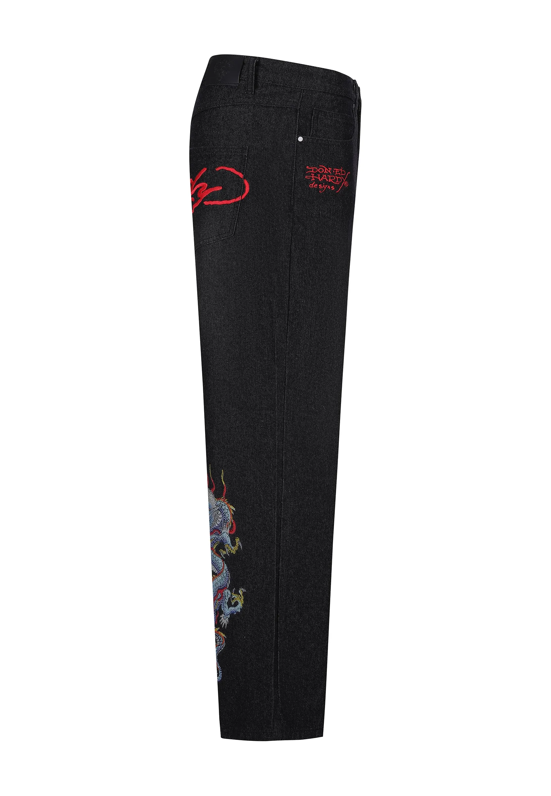 Mens Battle-Dragon Diamante Denim Trousers Jeans - Black