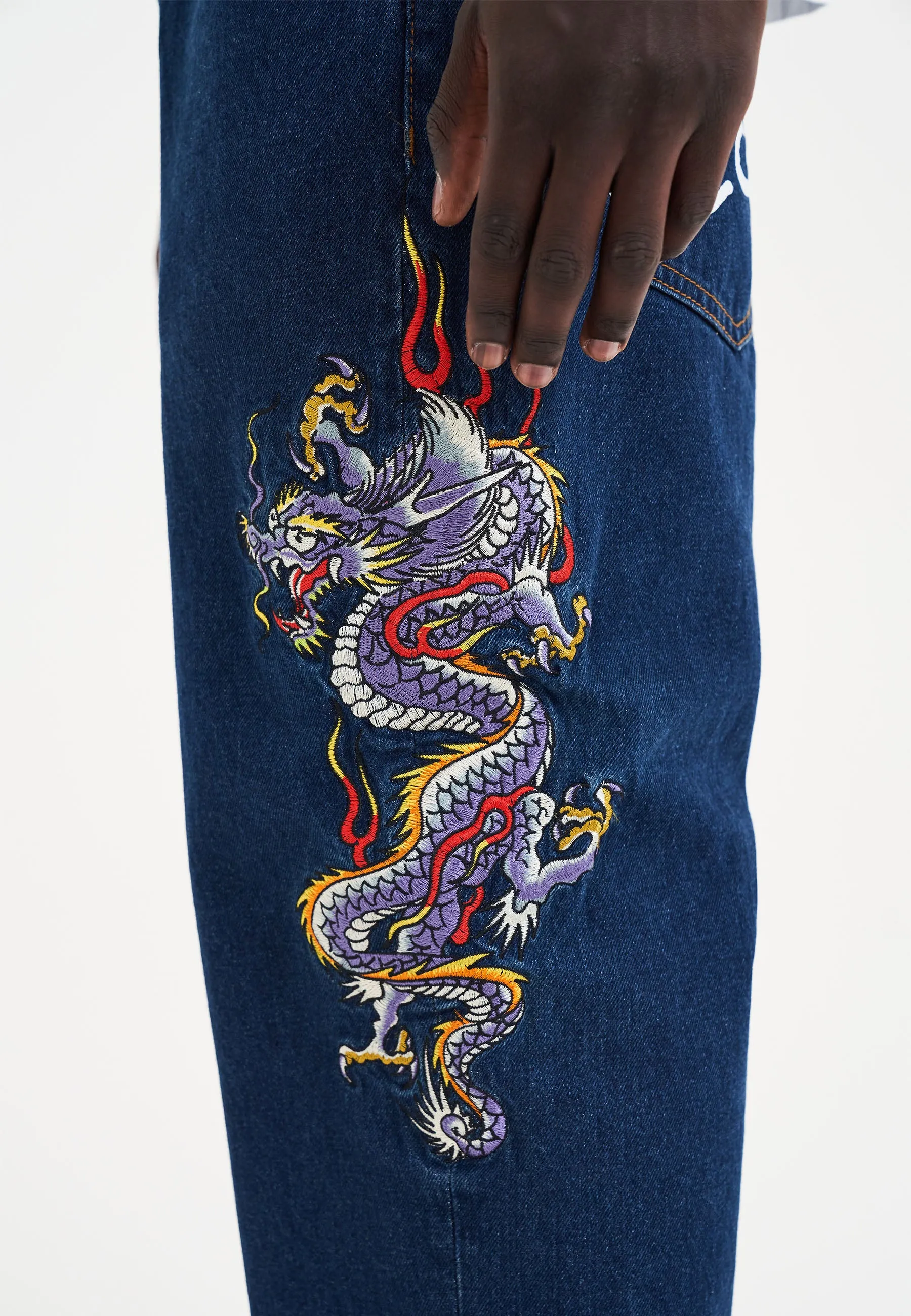 Mens Battle-Dragon Tattoo Denim Trousers Baggy Jeans - Indigo