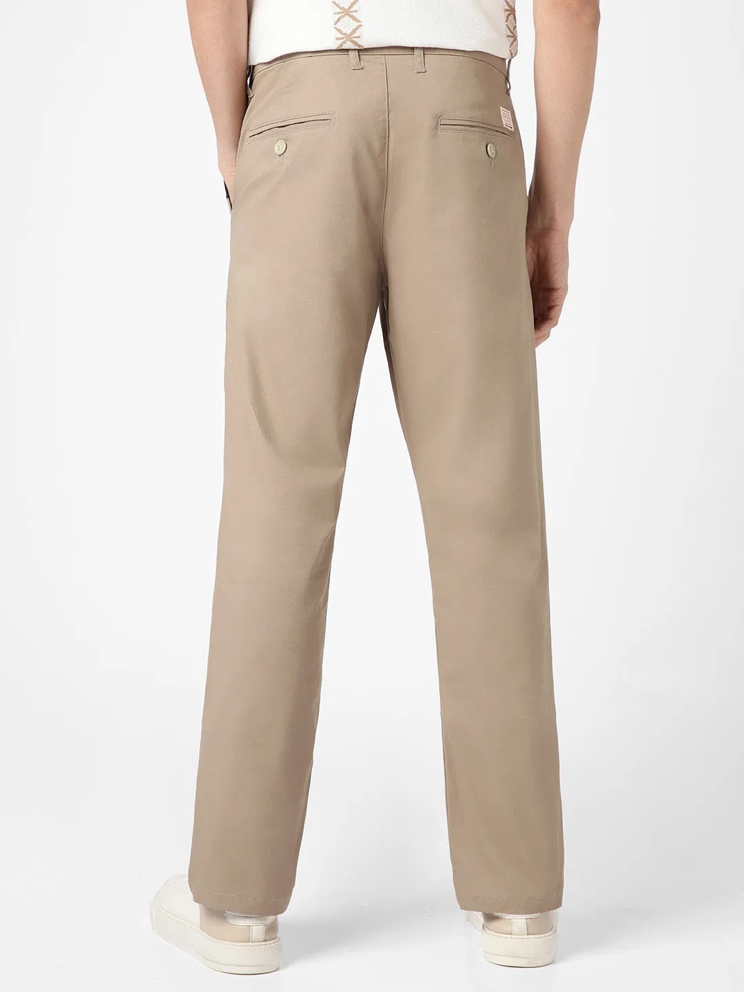 Men's Beige Cotton Regular Fit Casual Chinos Trousers Stretch