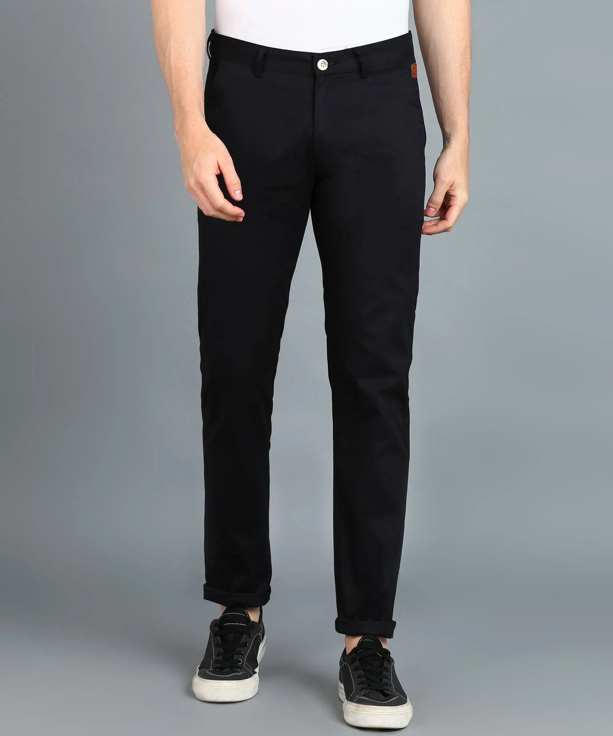 Men's Black Cotton Light Weight Non-Stretch Slim Fit Casual Trousers