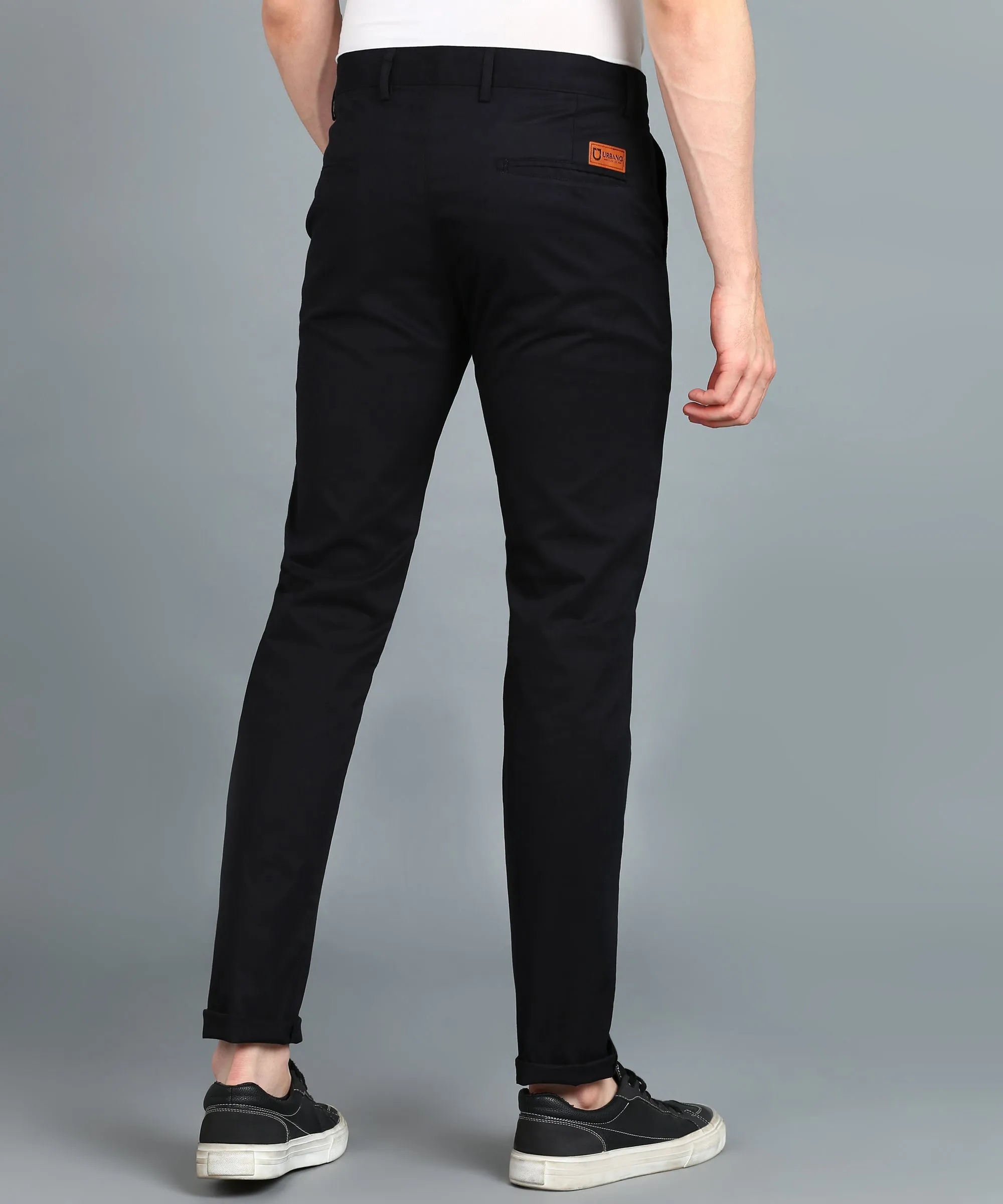 Men's Black Cotton Light Weight Non-Stretch Slim Fit Casual Trousers