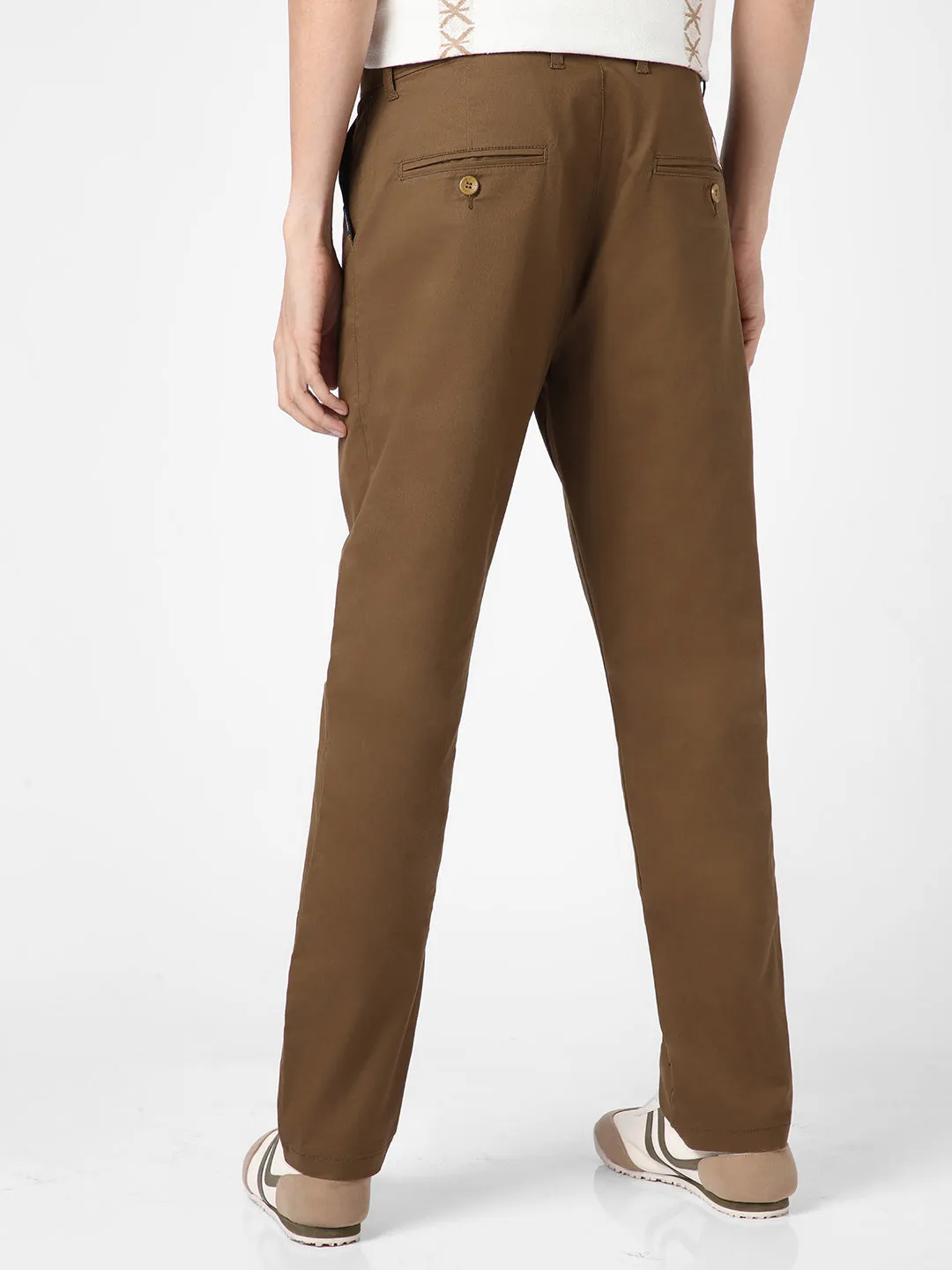 Men's Brown Cotton Regular Fit Casual Chinos Trousers Stretch