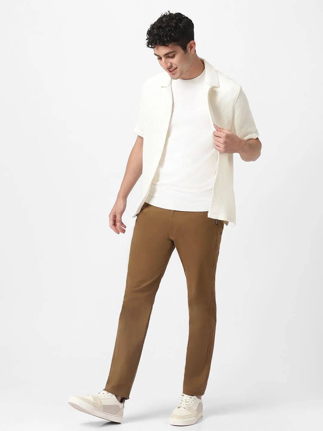 Men's Brown Cotton Slim Fit Casual Chinos Trousers Stretch