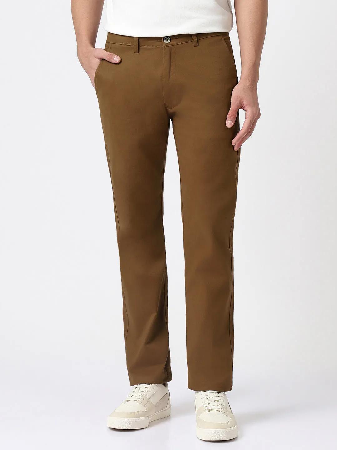 Men's Brown Cotton Slim Fit Casual Chinos Trousers Stretch