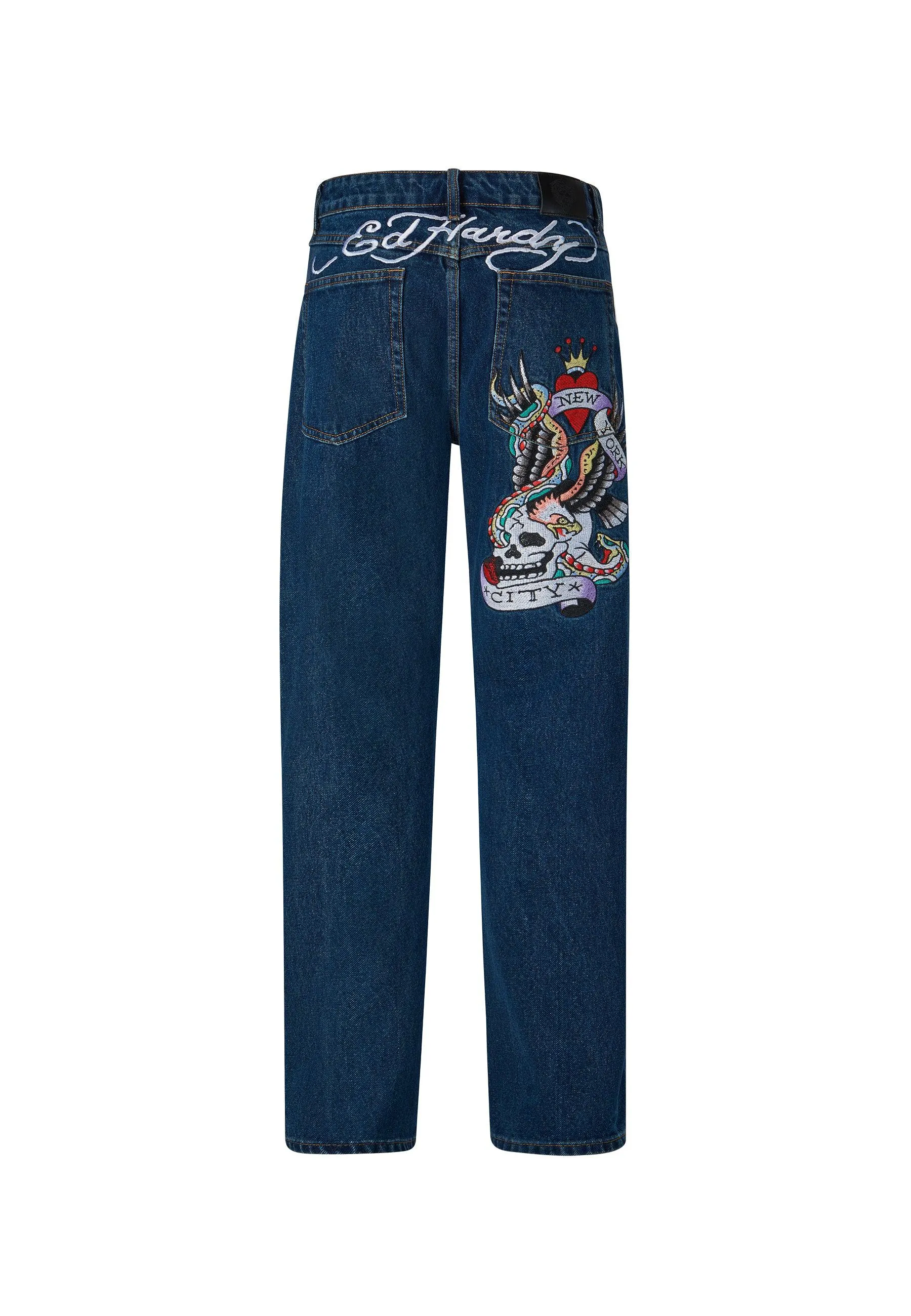 Mens Nyc-Skull Tattoo Graphic Denim Trousers Jeans - Indigo