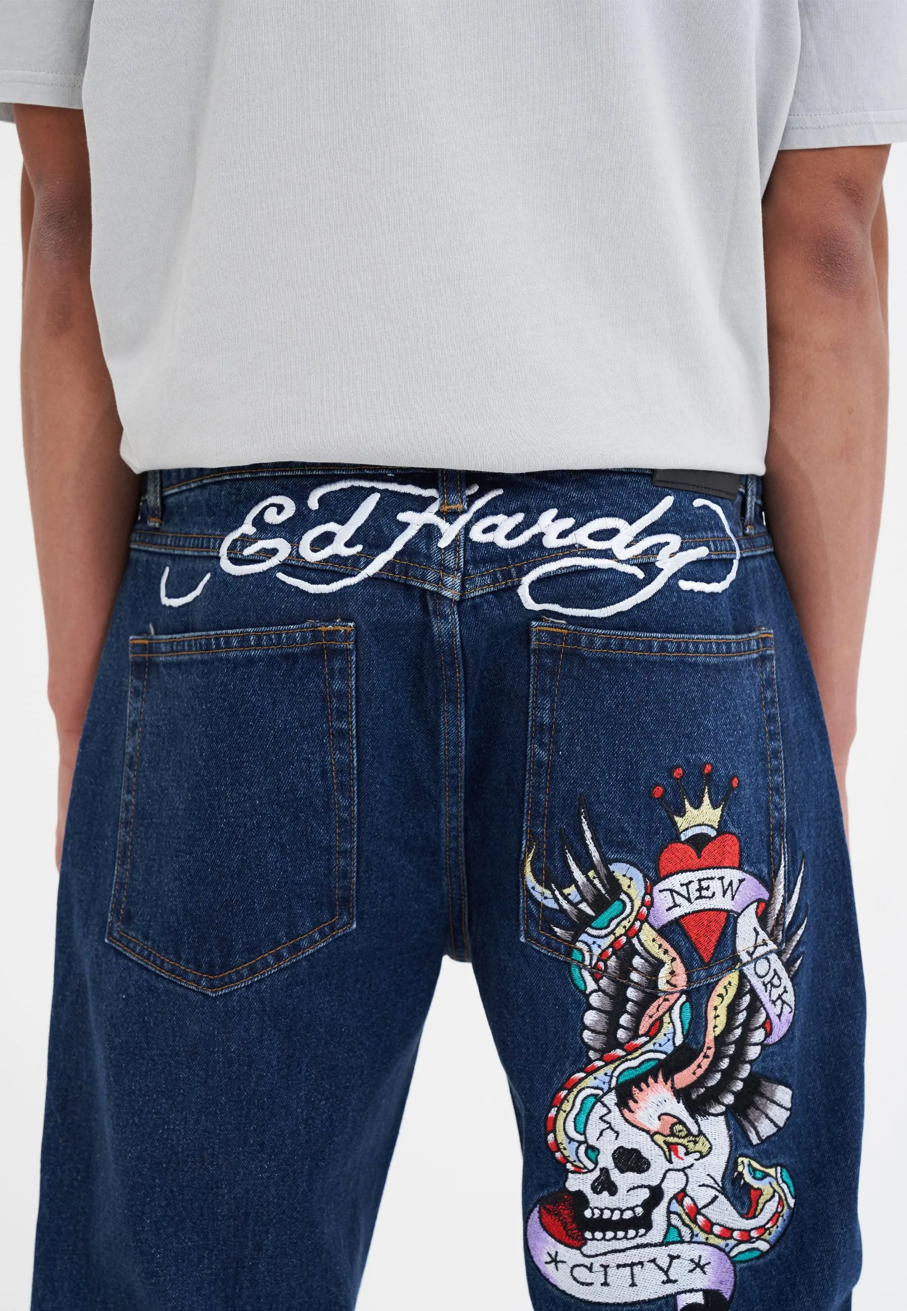 Mens Nyc-Skull Tattoo Graphic Denim Trousers Jeans - Indigo