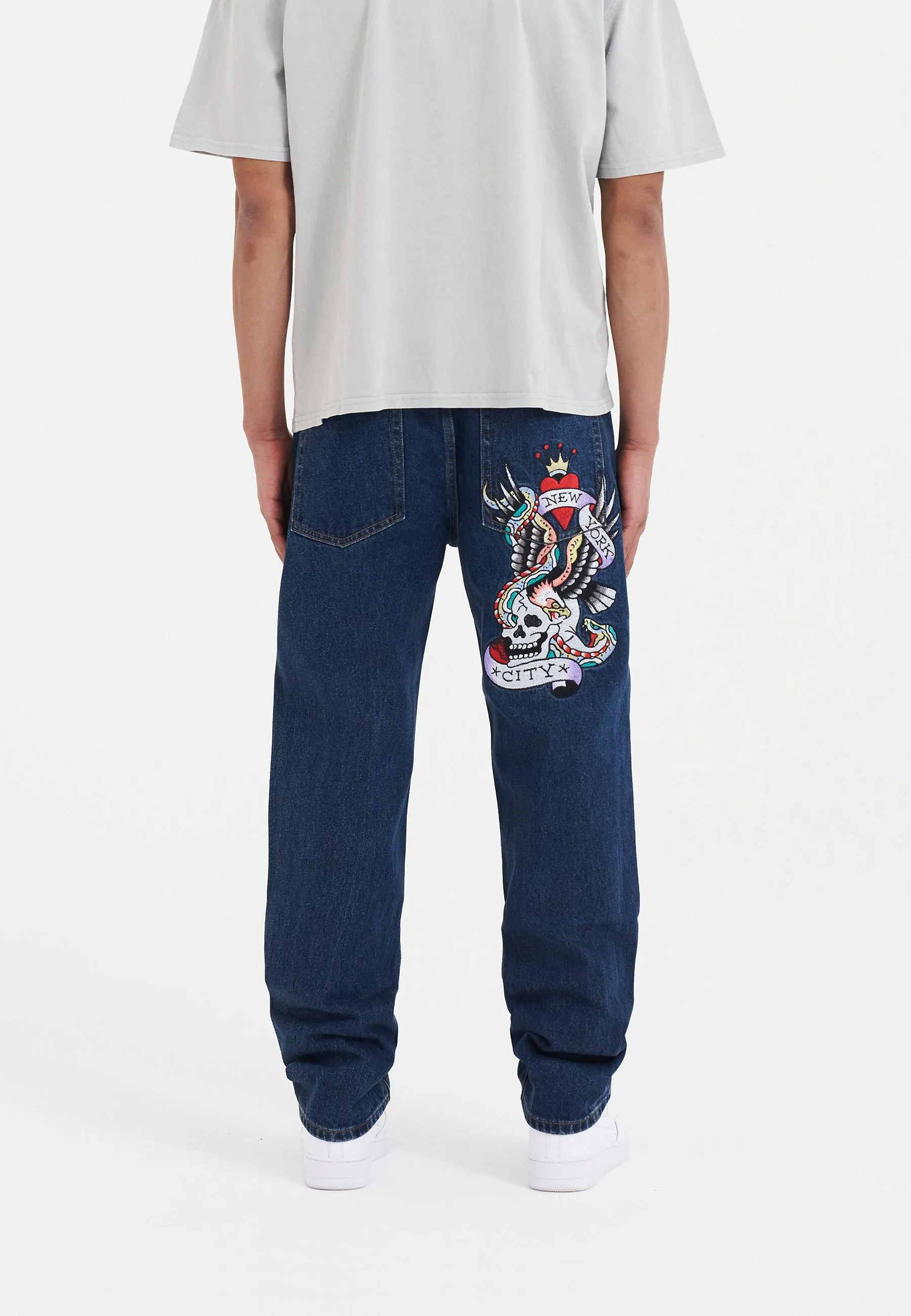 Mens Nyc-Skull Tattoo Graphic Denim Trousers Jeans - Indigo