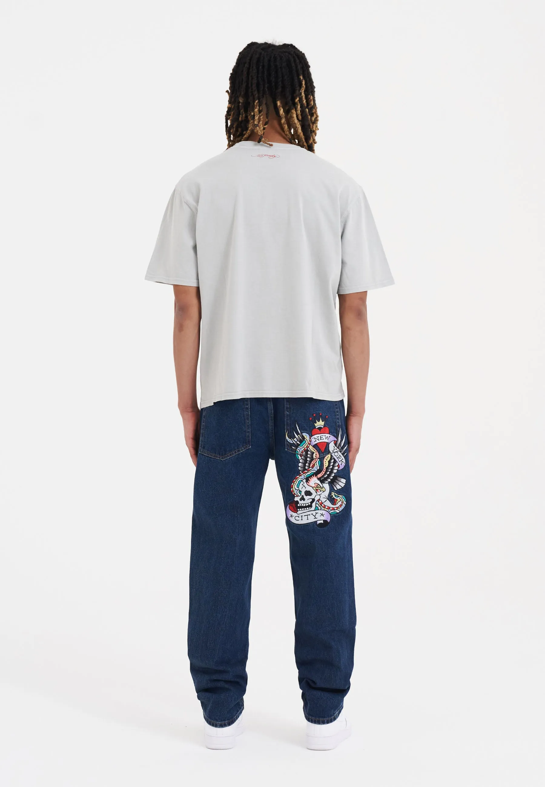 Mens Nyc-Skull Tattoo Graphic Denim Trousers Jeans - Indigo