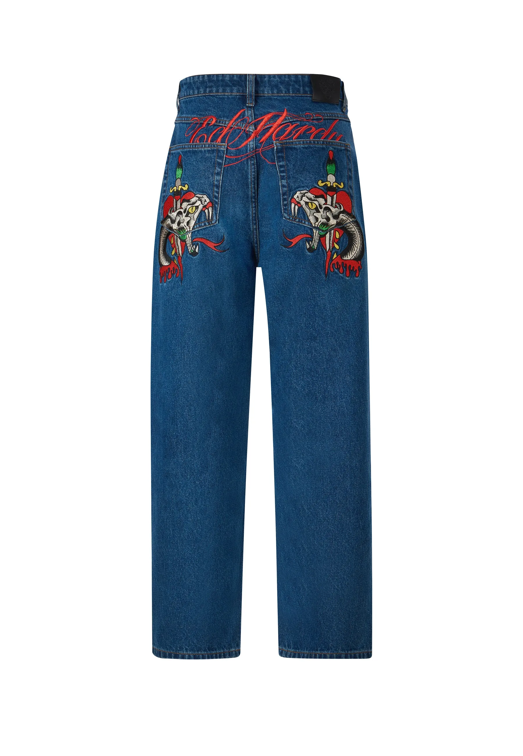 Mens Indigo Denim Jeans with Snake Sever Tattoo Graphic - Relaxed Fit