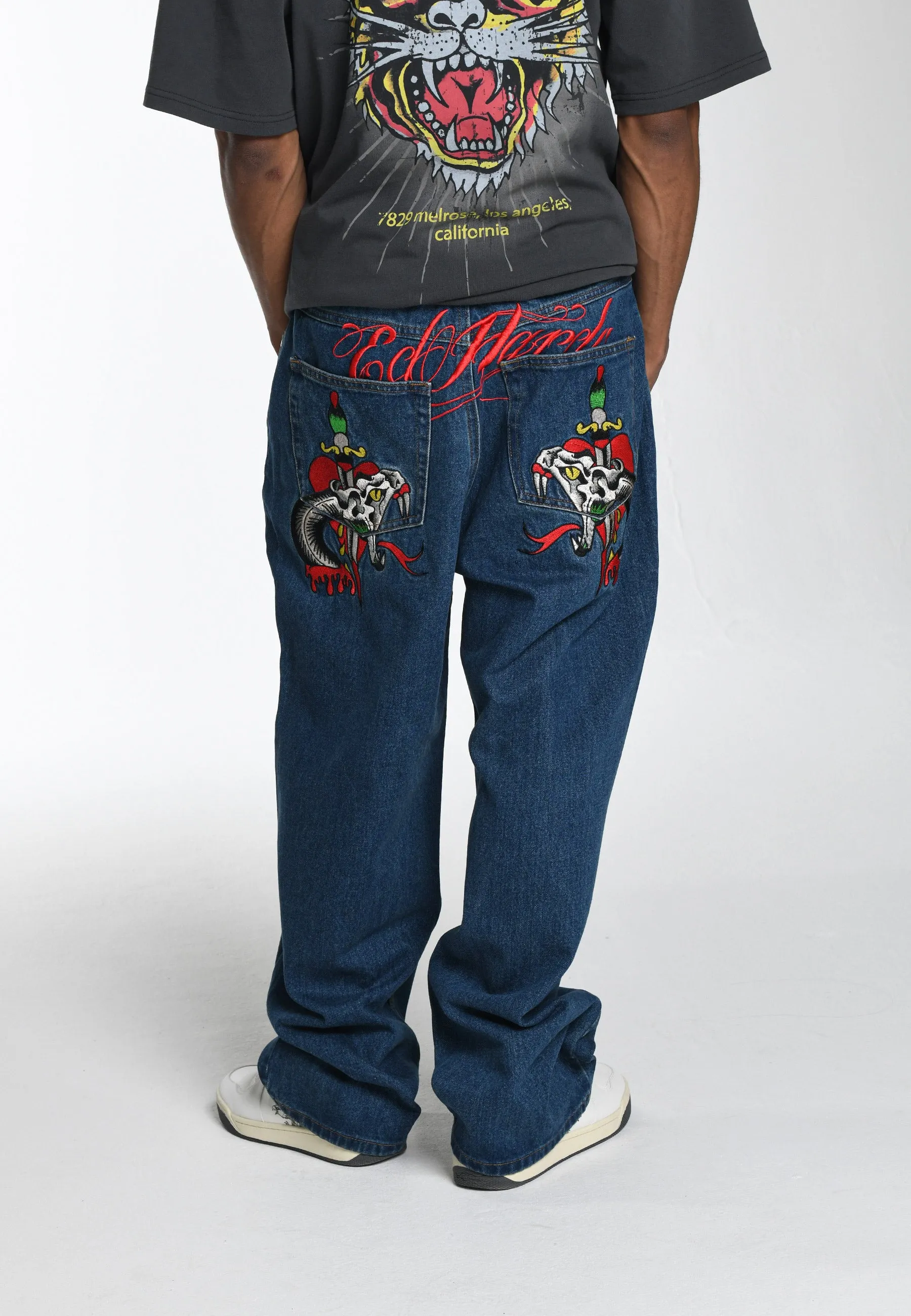 Mens Indigo Denim Jeans with Snake Sever Tattoo Graphic - Relaxed Fit