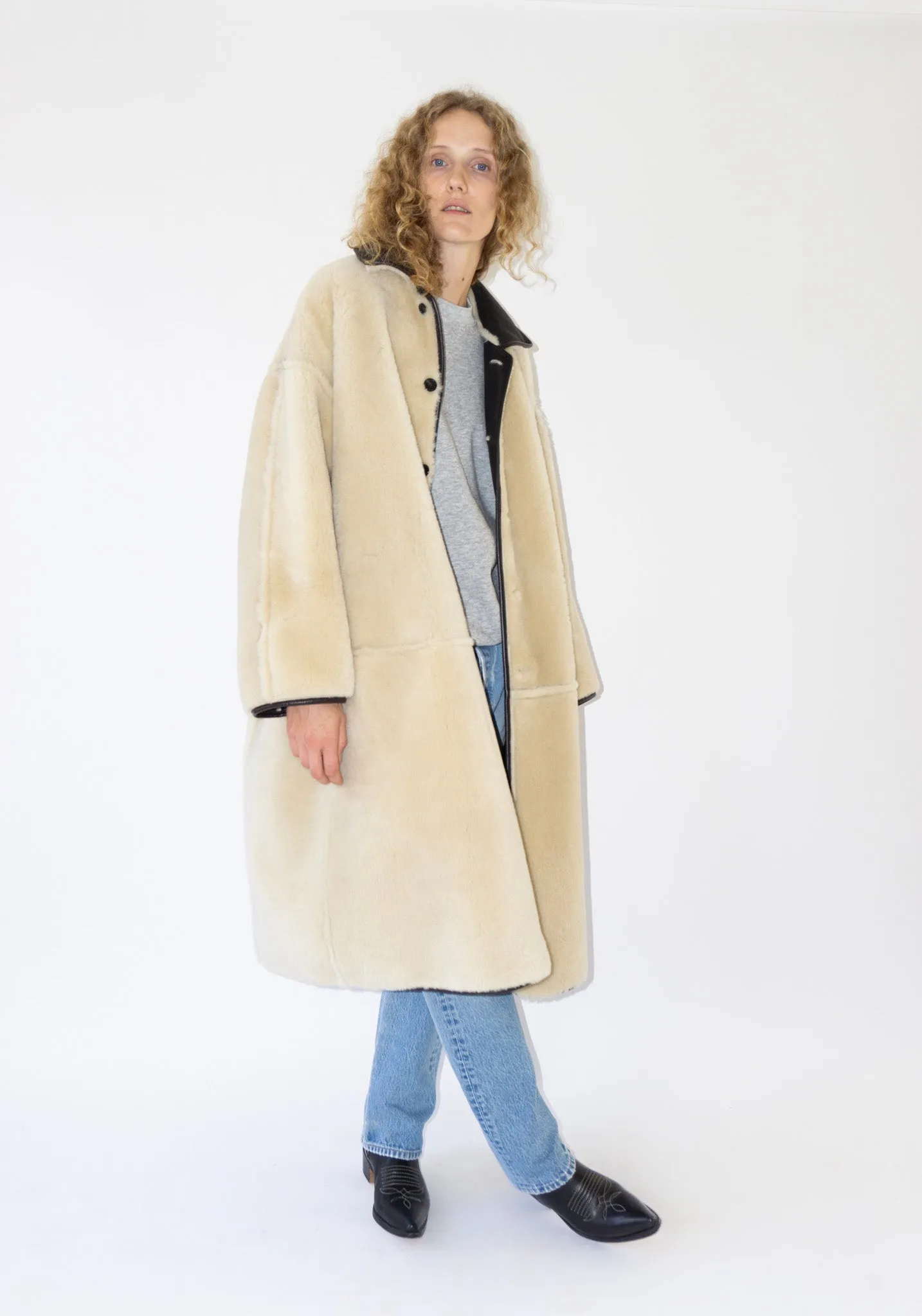 Sheepskin and Leather Roo Coat in Chocolate and Natural