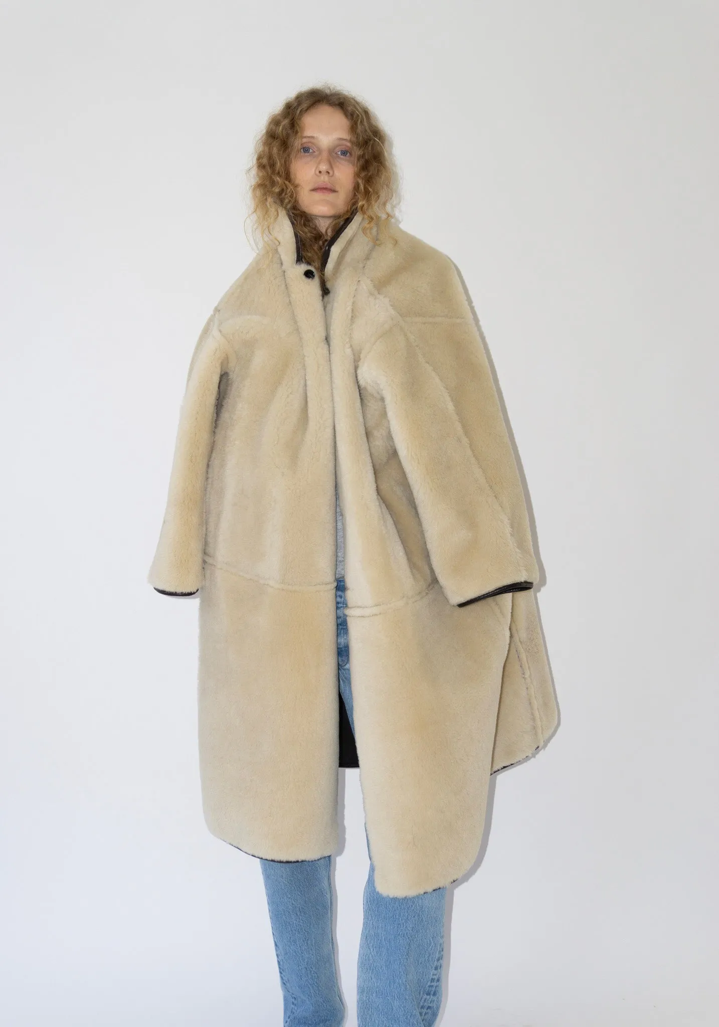 Sheepskin and Leather Roo Coat in Chocolate and Natural