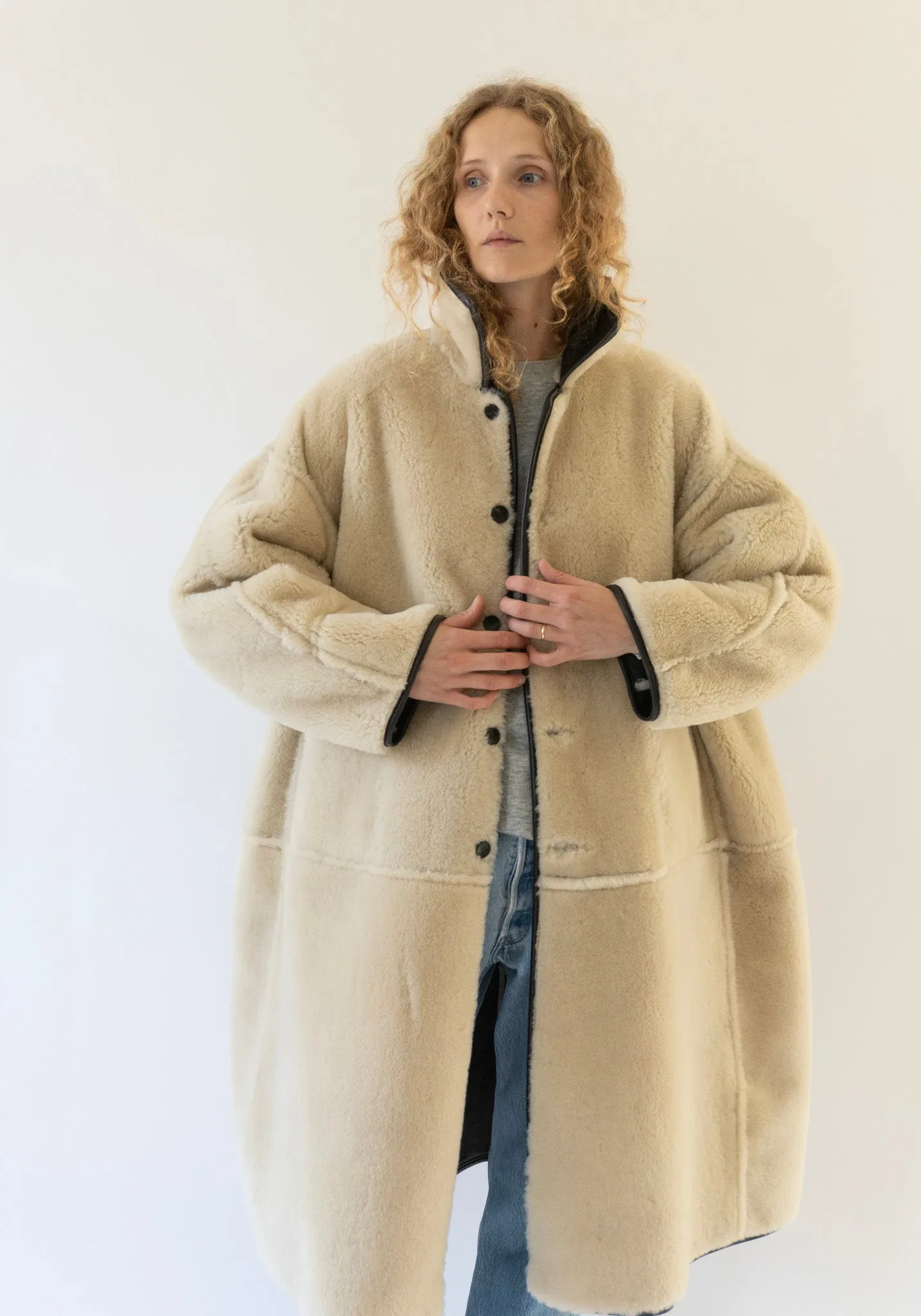 Sheepskin and Leather Roo Coat in Chocolate and Natural