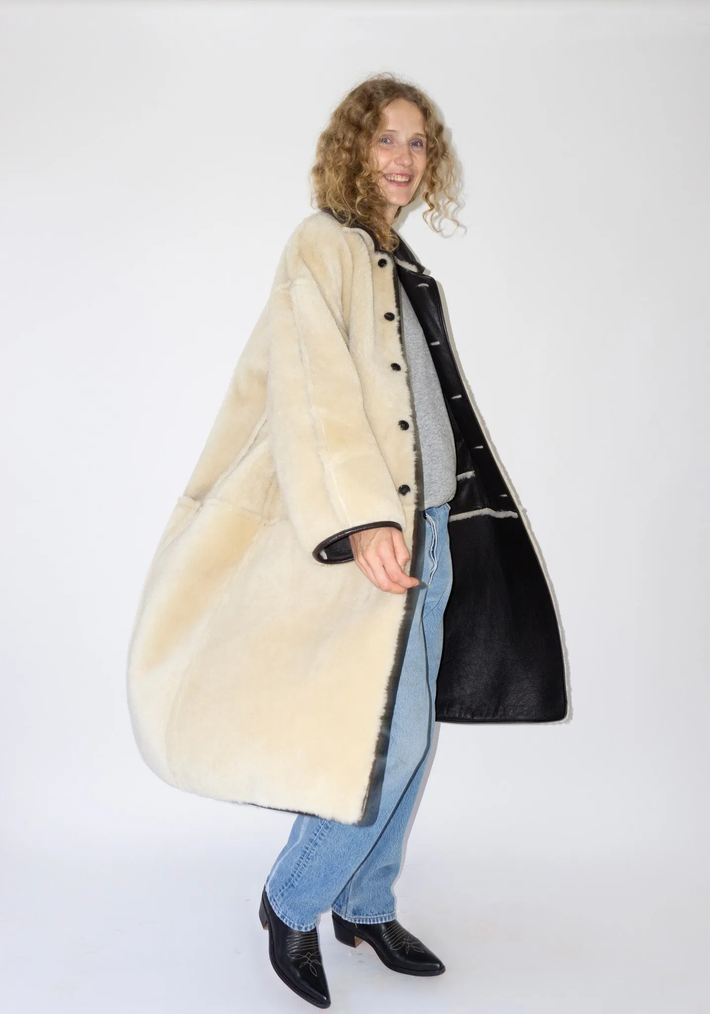 Sheepskin and Leather Roo Coat in Chocolate and Natural