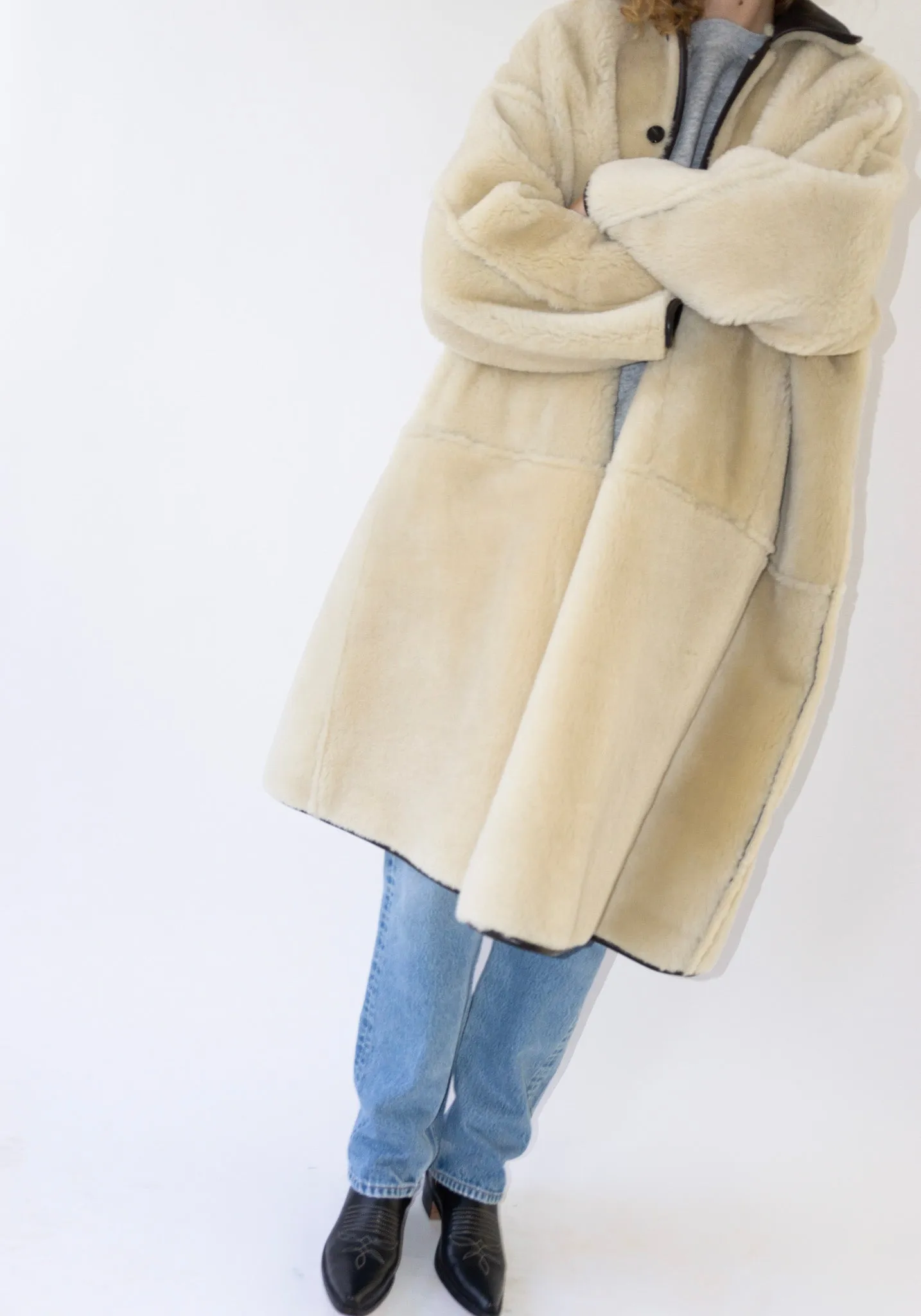 Sheepskin and Leather Roo Coat in Chocolate and Natural