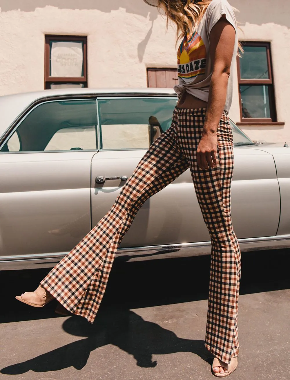 Slimming Checked Wide Leg Flared Trousers Palazzo pants