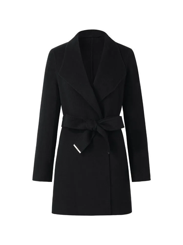 Tencel Wool Notched Lapel Mid-Length Coat With Belt