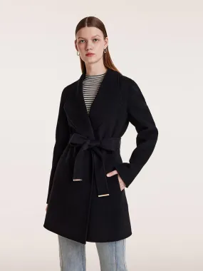 Tencel Wool Notched Lapel Mid-Length Coat With Belt