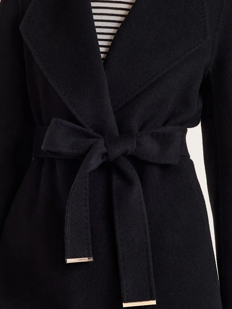 Tencel Wool Notched Lapel Mid-Length Coat With Belt