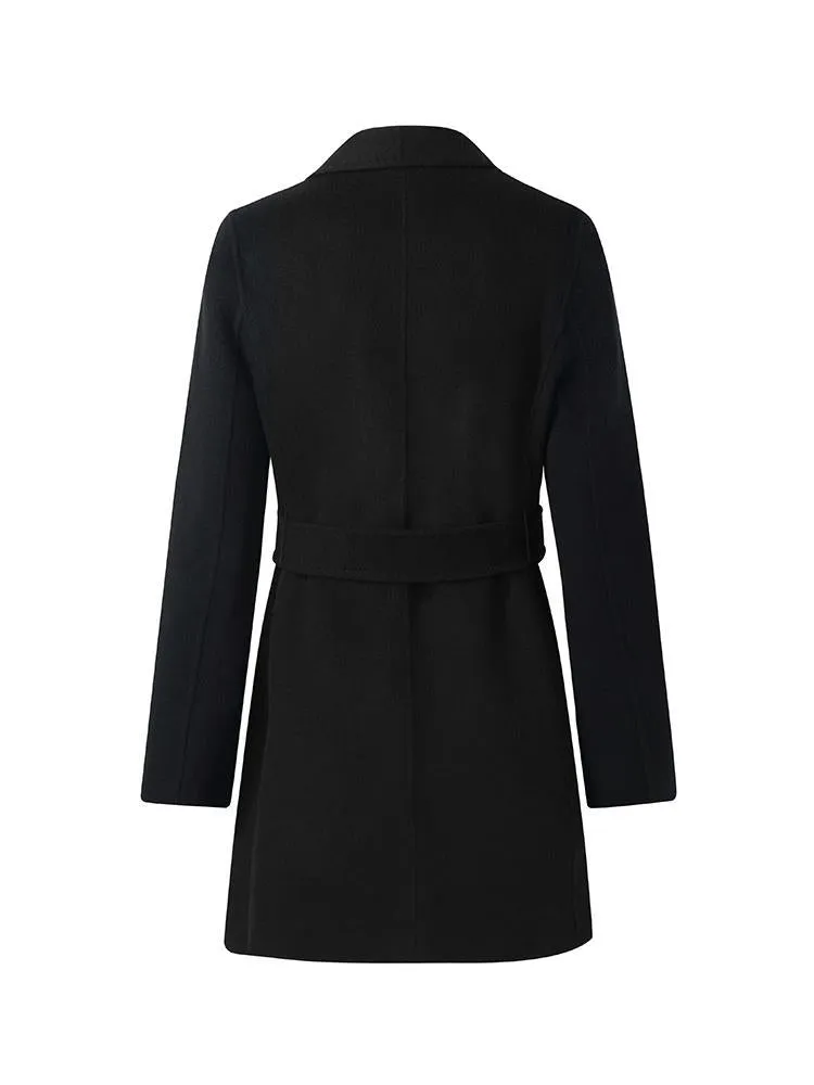 Tencel Wool Notched Lapel Mid-Length Coat With Belt