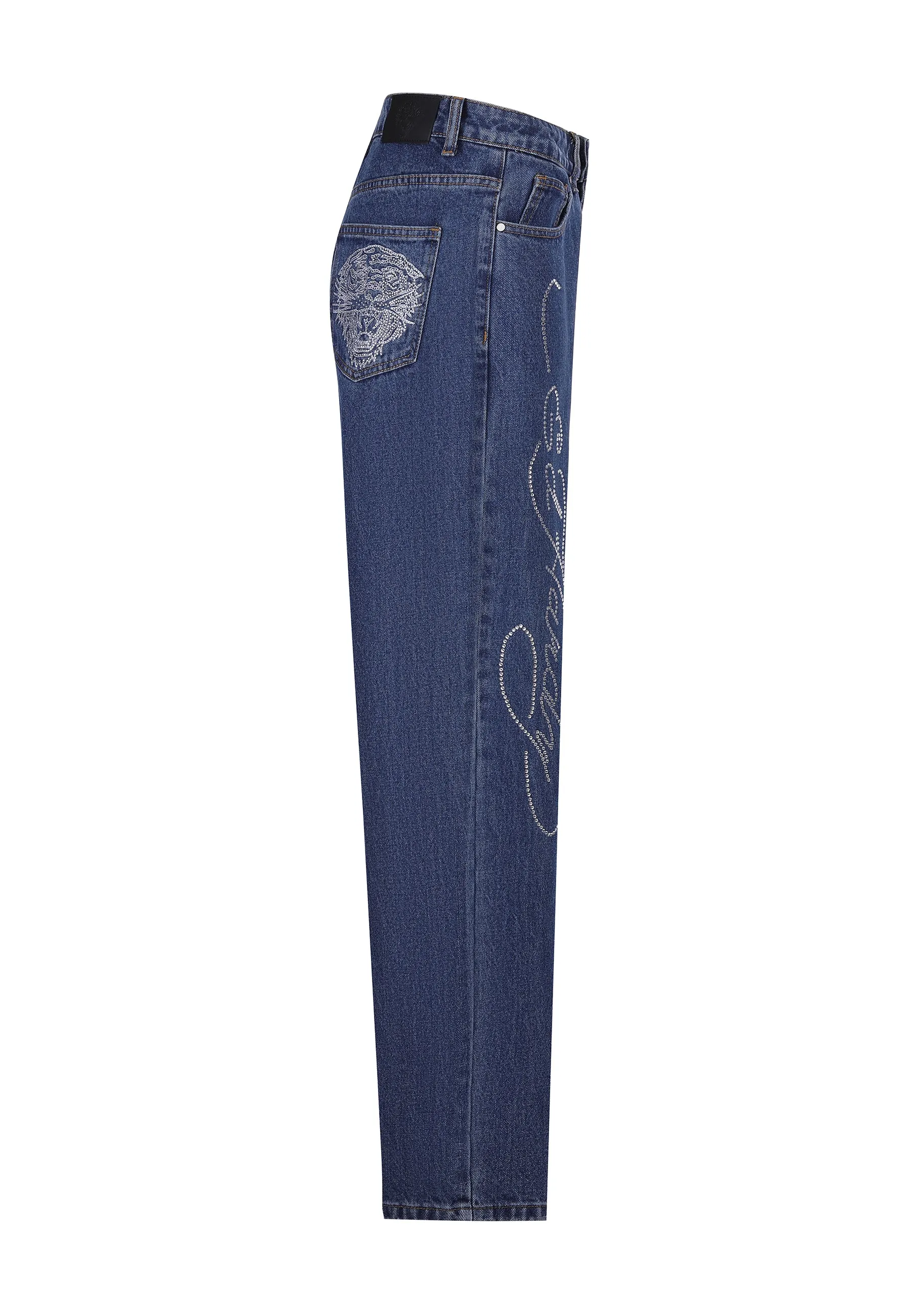 Womens Crystal Roar Diamante Relaxed Denim Trousers Jeans - Indigo