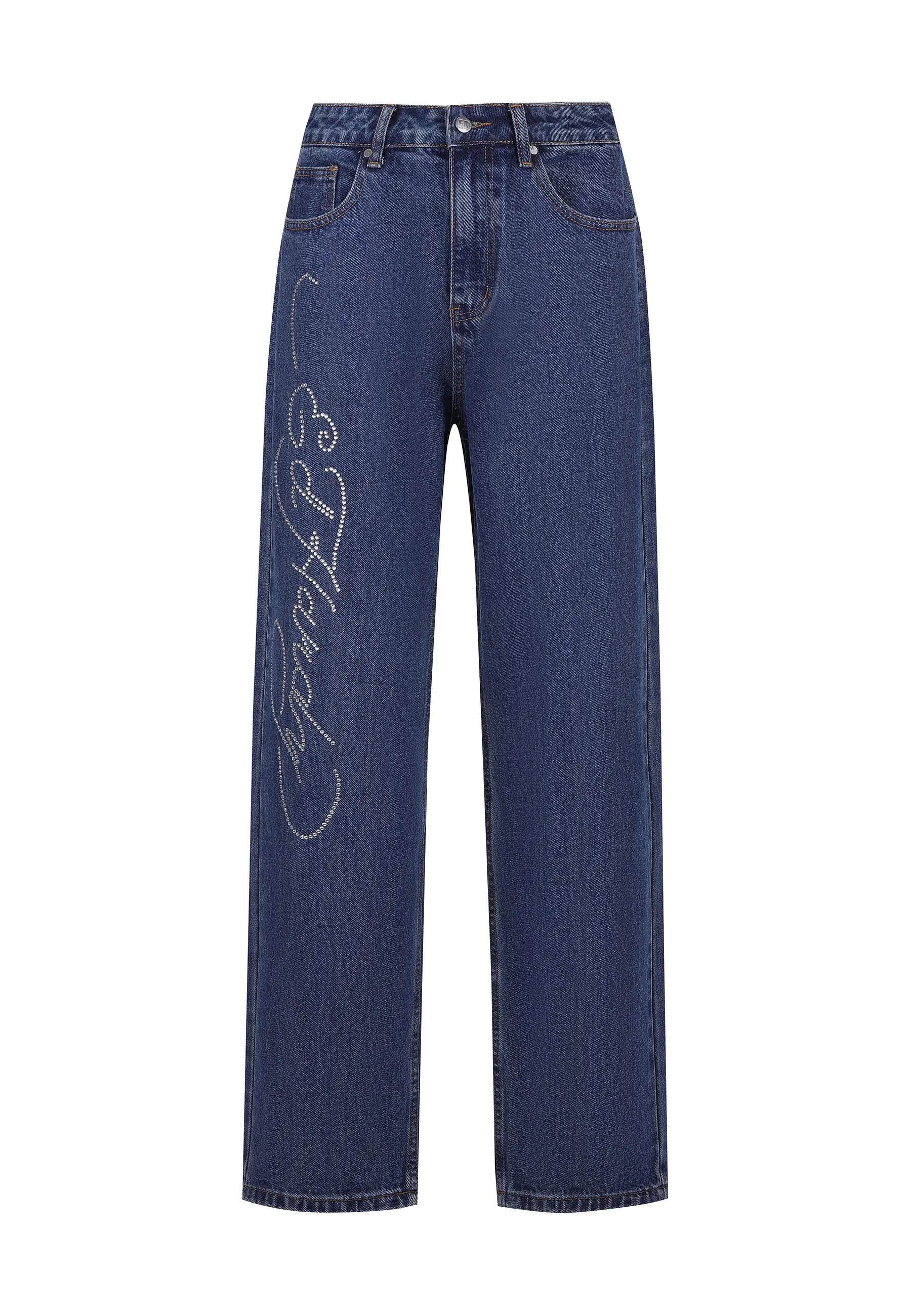 Womens Crystal Roar Diamante Relaxed Denim Trousers Jeans - Indigo