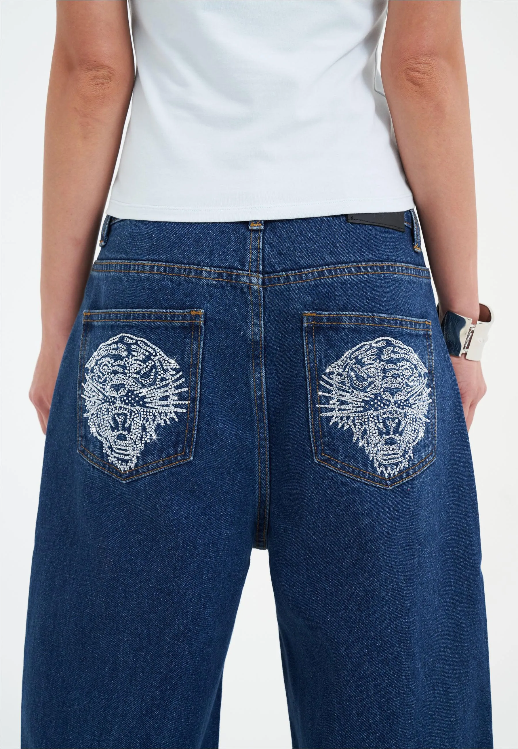 Womens Crystal Roar Diamante Relaxed Denim Trousers Jeans - Indigo