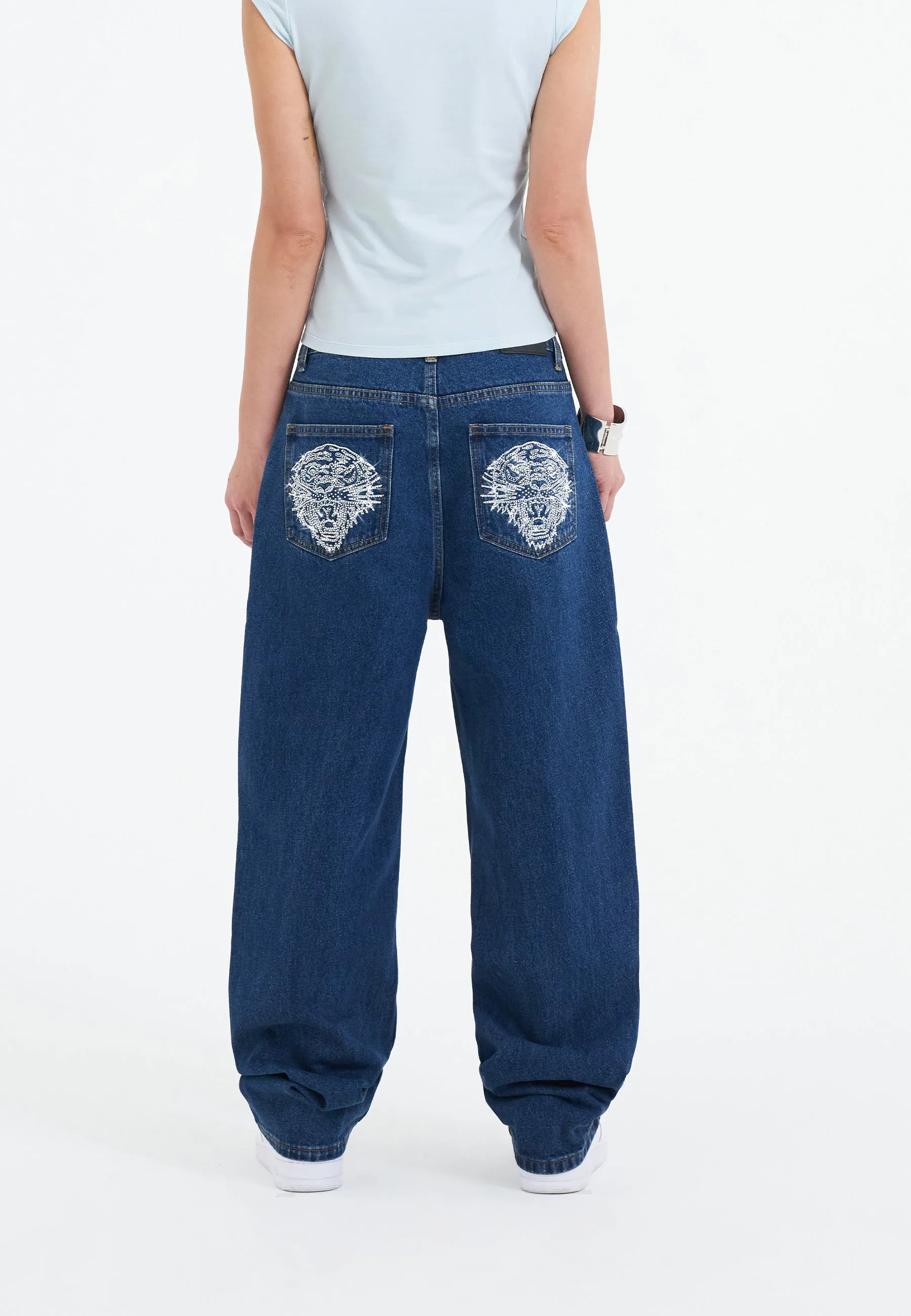 Womens Crystal Roar Diamante Relaxed Denim Trousers Jeans - Indigo