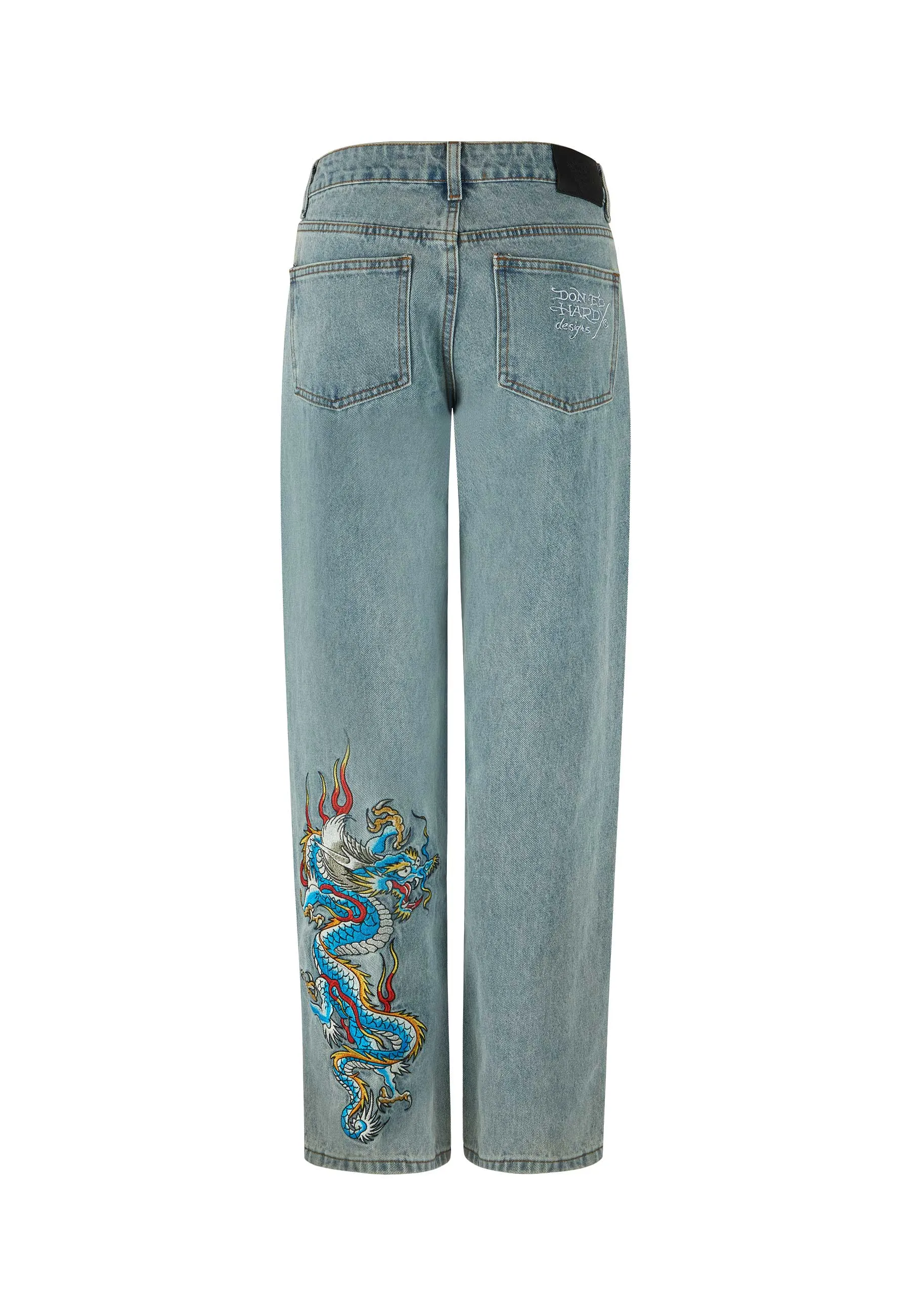 Womens Dragon Flame Straight Leg Denim Trousers Jeans - Blue