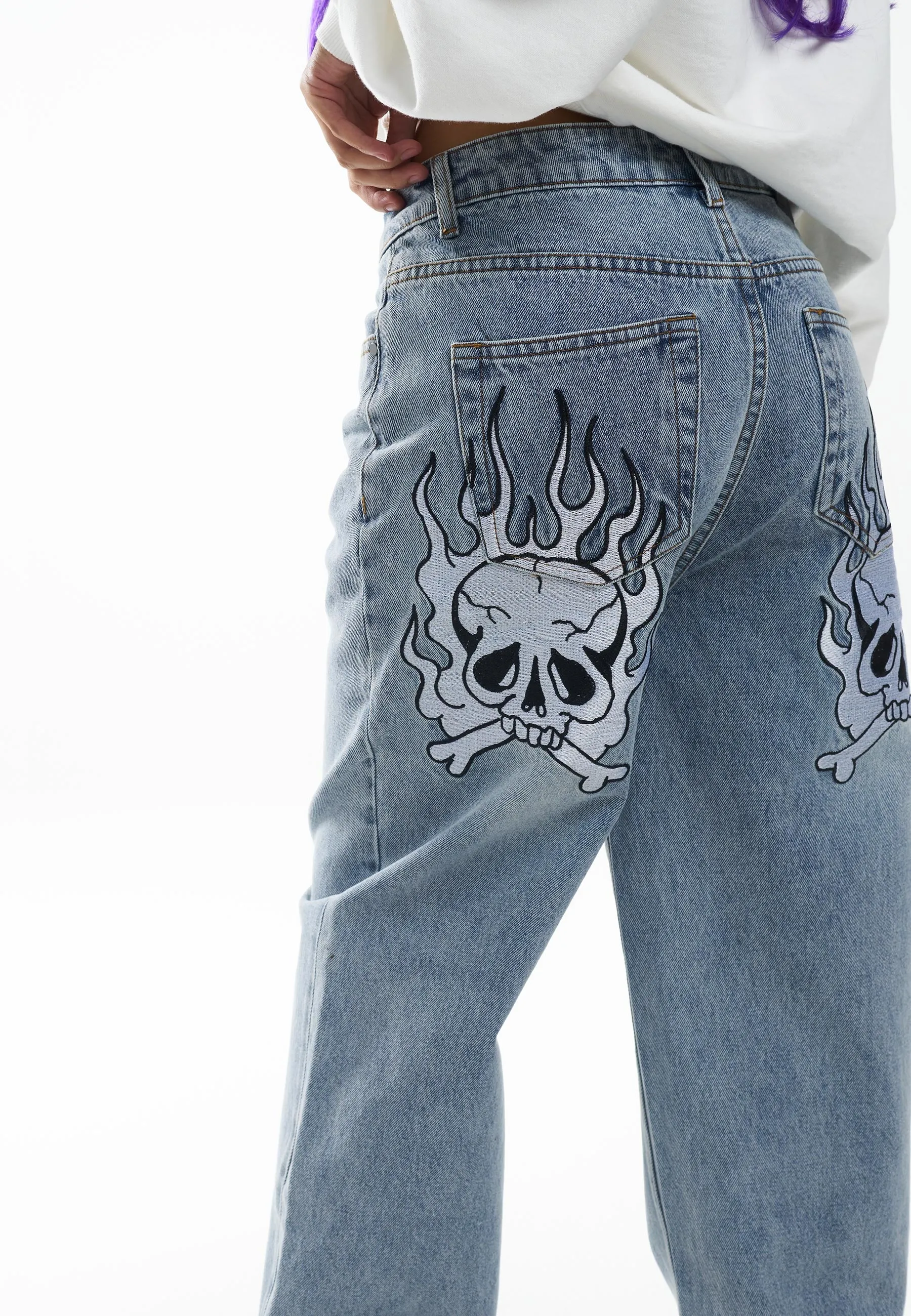 Blue Relaxed Denim Jeans with Womens Flaming Skull Design