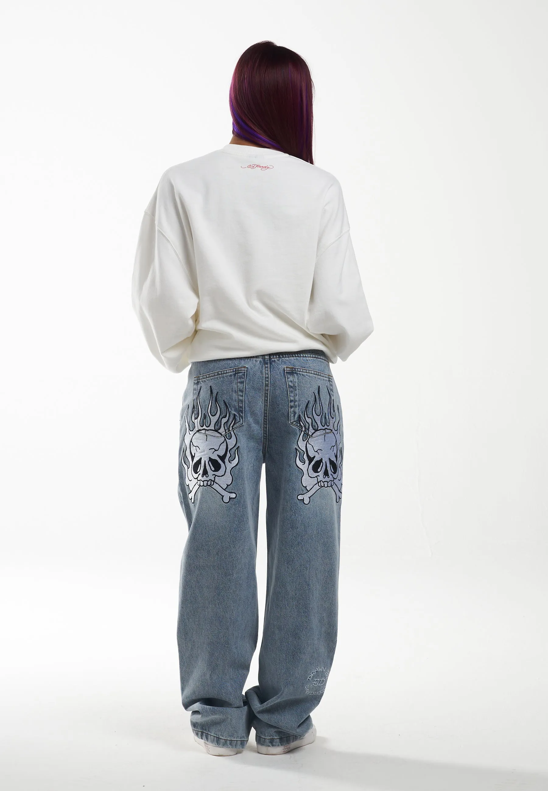 Blue Relaxed Denim Jeans with Womens Flaming Skull Design