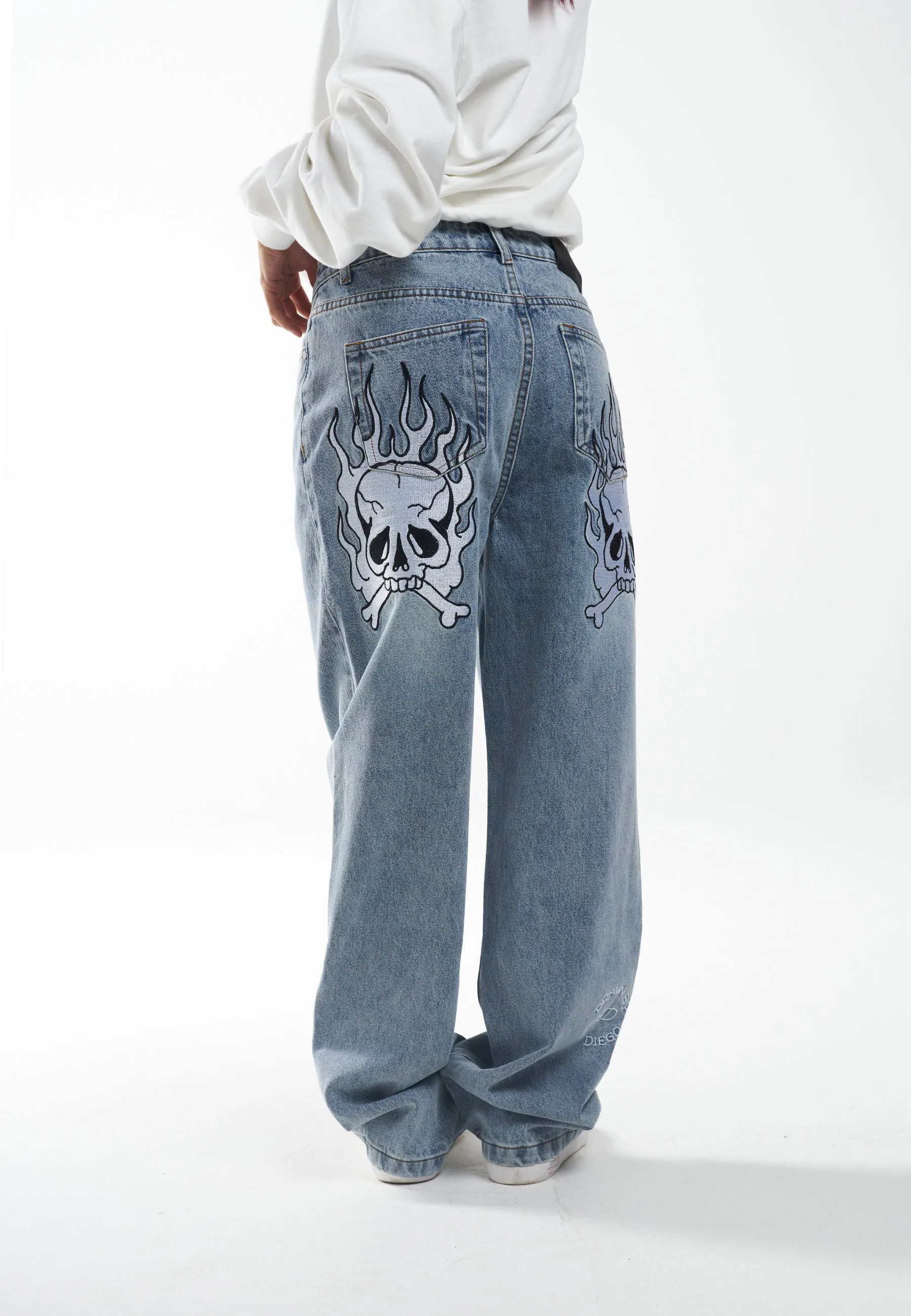 Blue Relaxed Denim Jeans with Womens Flaming Skull Design