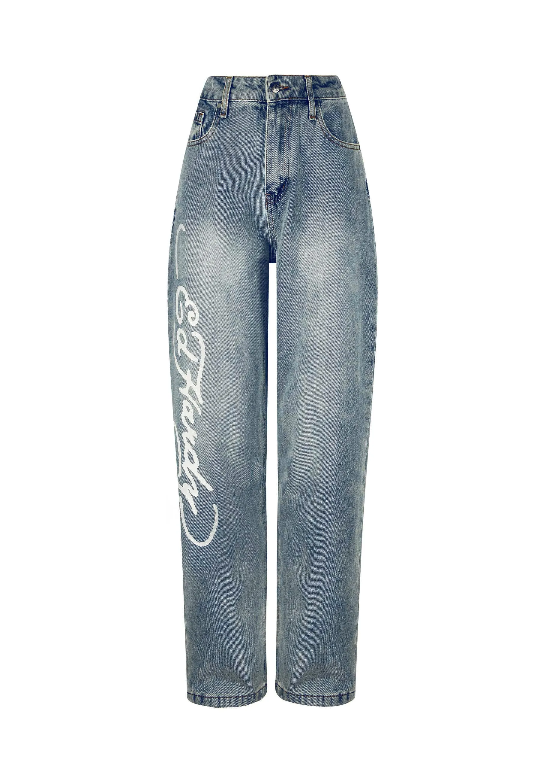 Blue Relaxed Denim Jeans with Womens Flaming Skull Design