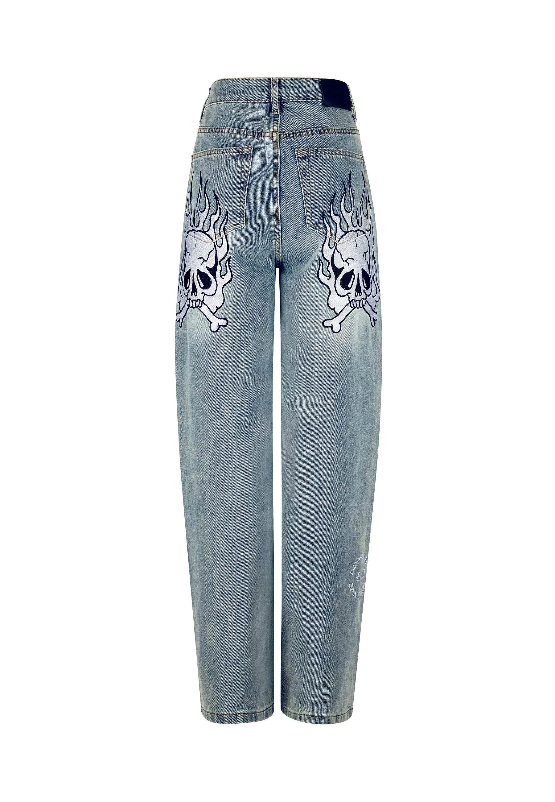 Blue Relaxed Denim Jeans with Womens Flaming Skull Design