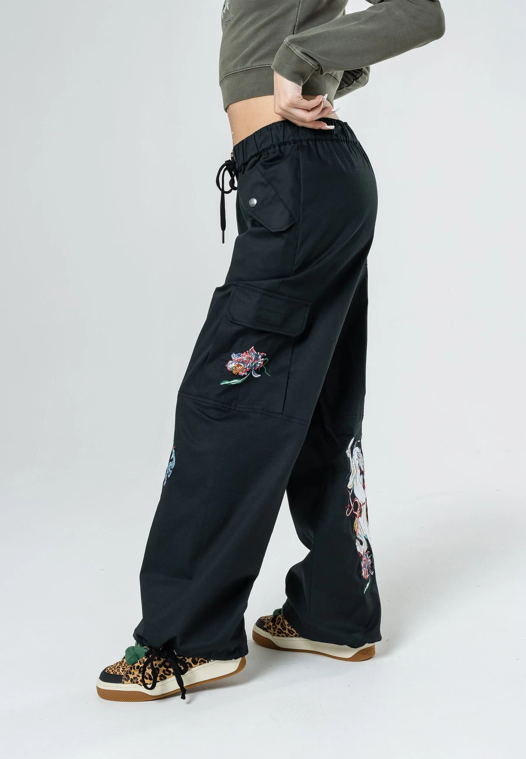 Womens Mystic Panther Cargo Pants Trousers - Black