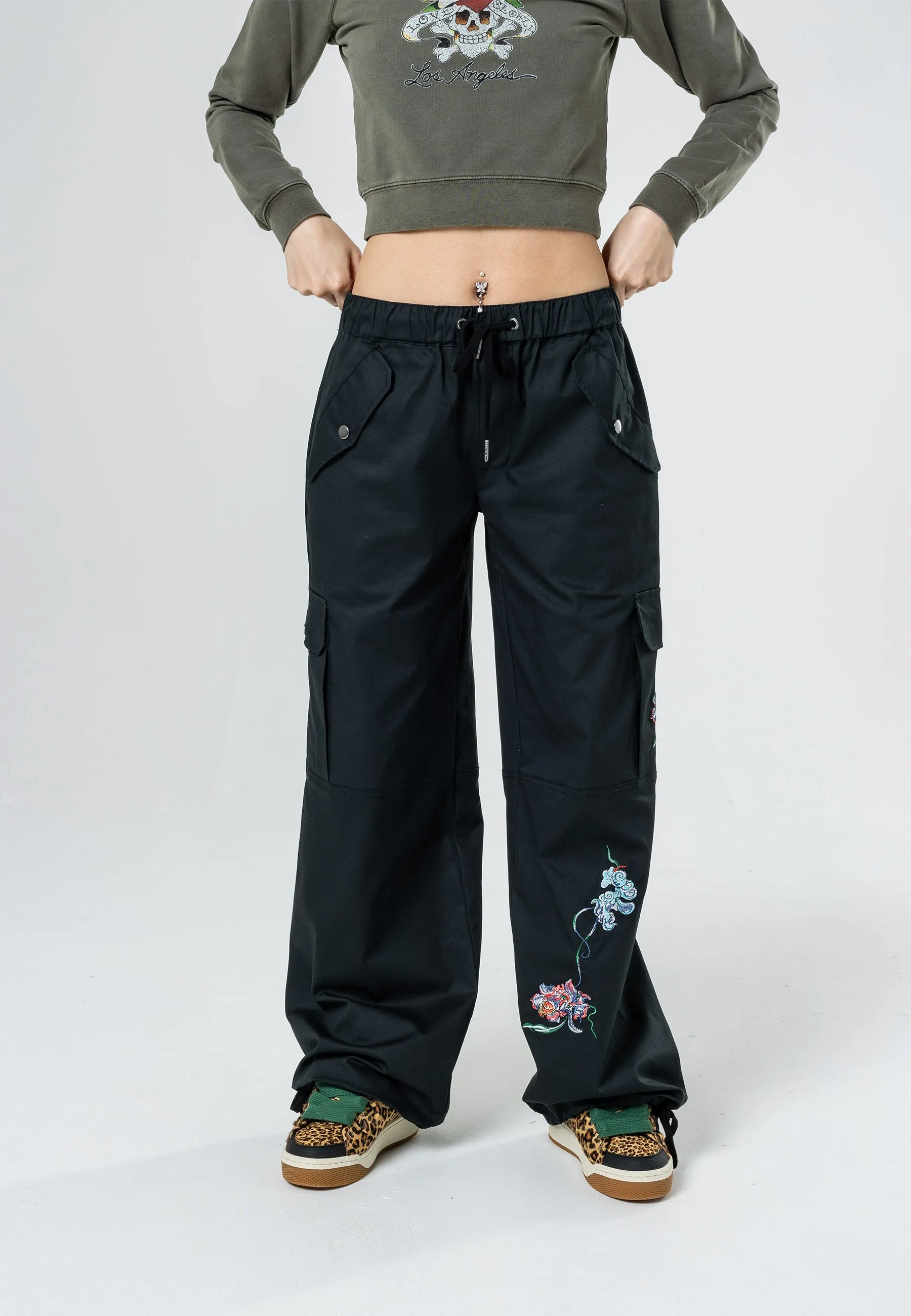 Womens Mystic Panther Cargo Pants Trousers - Black